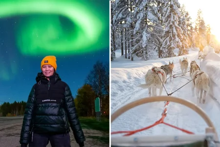 Winter holiday package in Rovaniemi, Lapland featuring Northern Lights tour, husky sleigh ride, frozen waterfalls, reindeer farm visit, and traditional Finnish sauna experience.