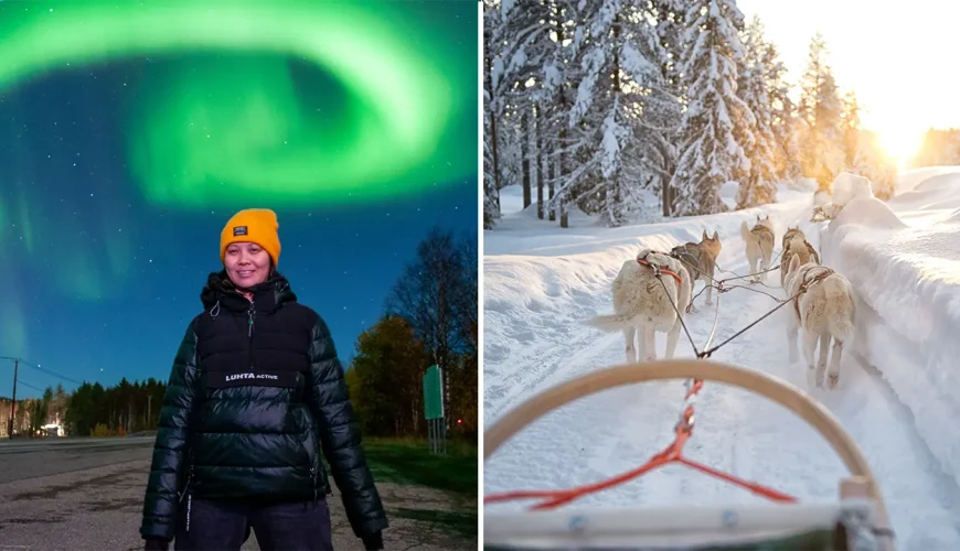 Winter holiday package in Rovaniemi, Lapland featuring Northern Lights tour, husky sleigh ride, frozen waterfalls, reindeer farm visit, and traditional Finnish sauna experience.
