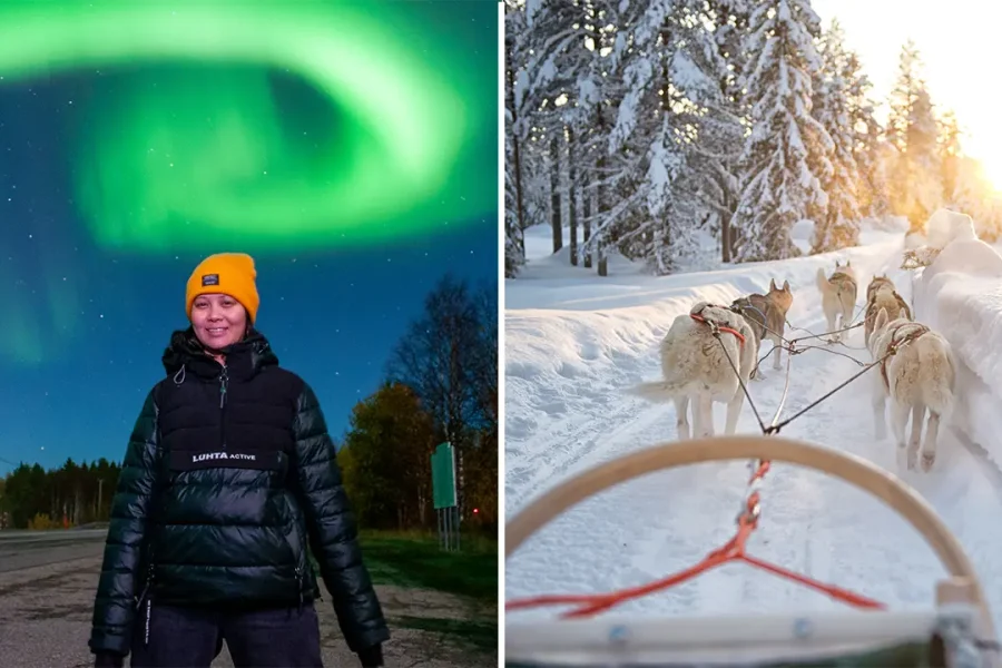 Winter holiday package in Rovaniemi, Lapland featuring Northern Lights tour, husky sleigh ride, frozen waterfalls, reindeer farm visit, and traditional Finnish sauna experience.