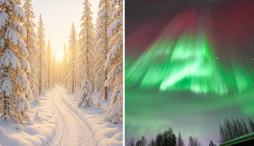 Composite image showing a snow-covered pine forest on the left seamlessly blending into a vibrant Aurora Borealis display on the right