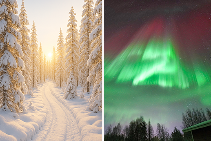 Composite image showing a snow-covered pine forest on the left seamlessly blending into a vibrant Aurora Borealis display on the right
