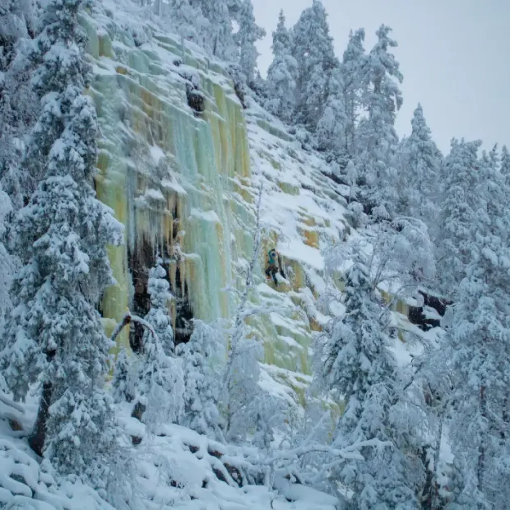 Professional ice climbing on Korouoma frozen waterfall