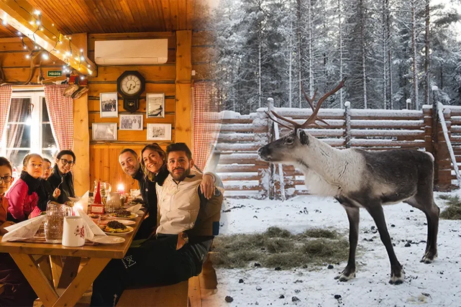 Happy family enjoying a traditional reindeer dinner in Lapland Rovaniemi